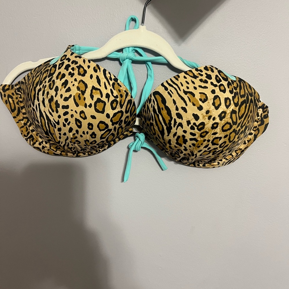 Victoria's Secret Leopard Print Bikini Top with Aqua Straps